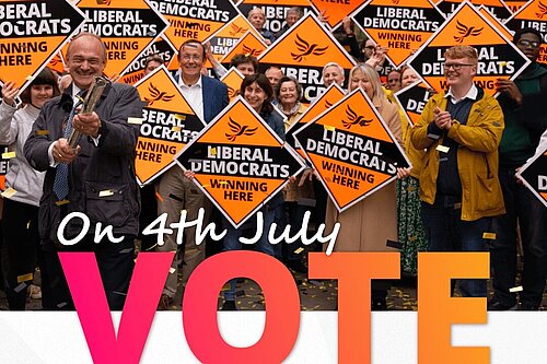 Graphic saying "On 4th July vote Liberal Democrats for a Fair Deal".