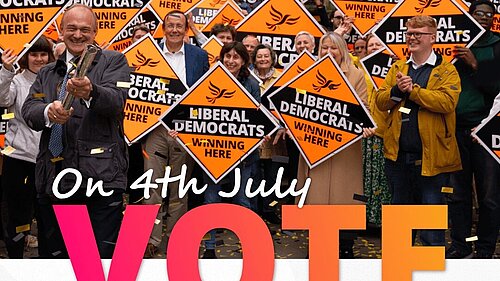 Graphic saying "On 4th July vote Liberal Democrats for a Fair Deal".